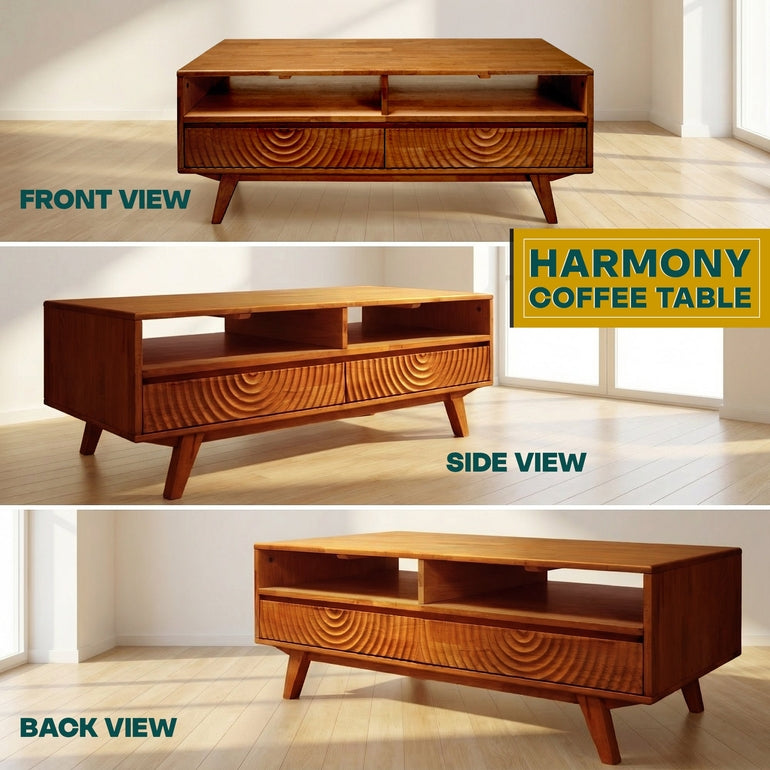 Harmony Solid Acacia Coffee Table with Drawers & Open Storage - 3 Colors