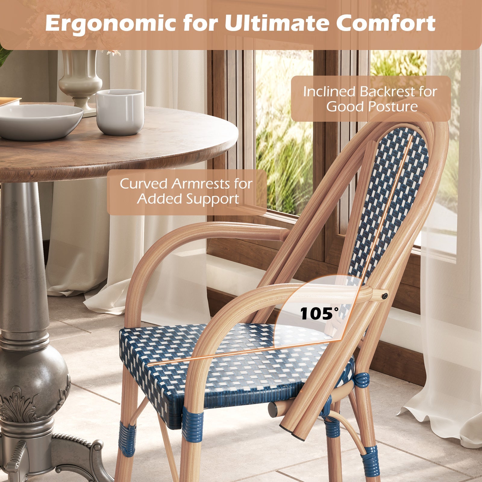 Hand-Woven French Bistro Style Outdoor Dining Chairs - Set of 2 in Blue or Black