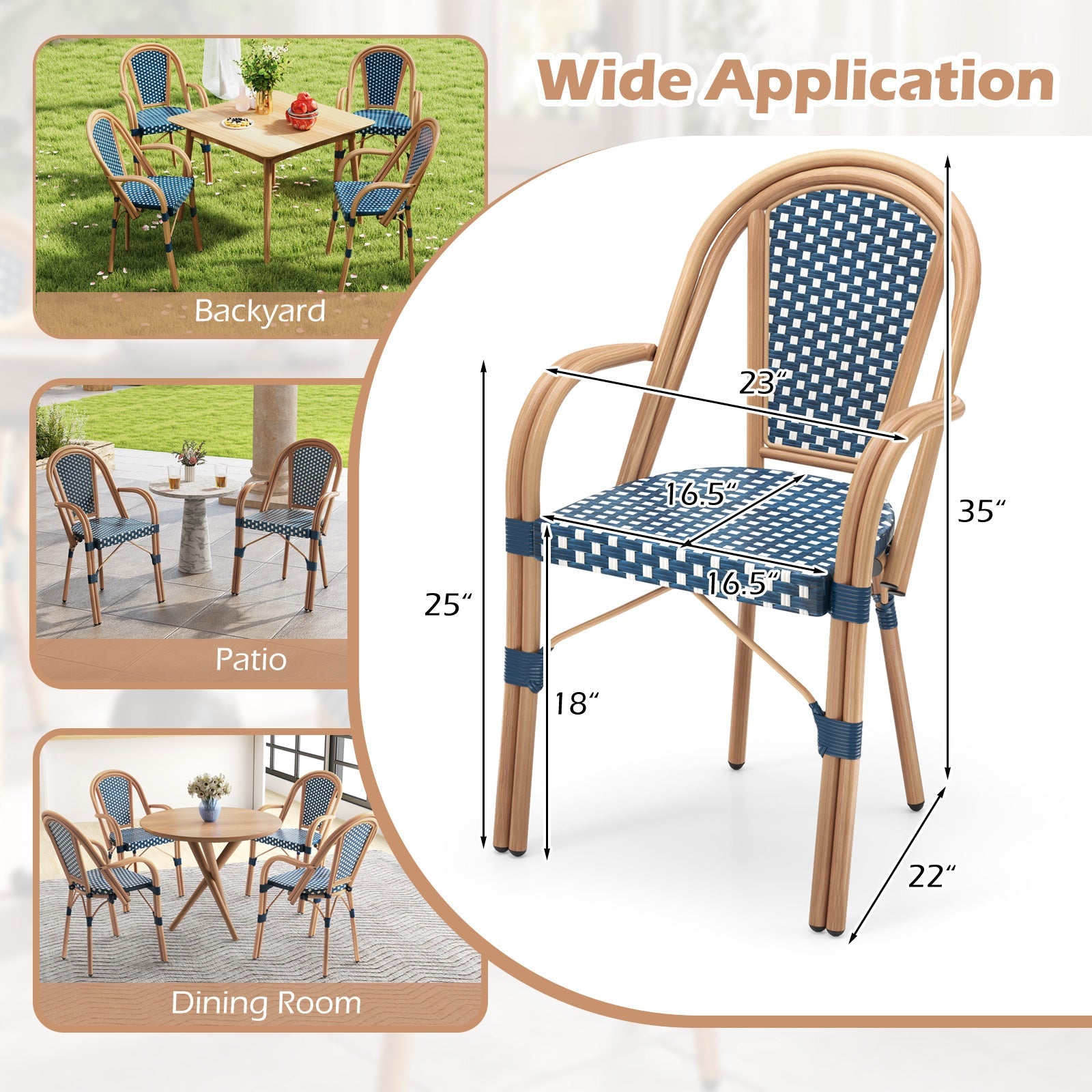 Hand-Woven French Bistro Style Outdoor Dining Chairs - Set of 2 in Blue or Black