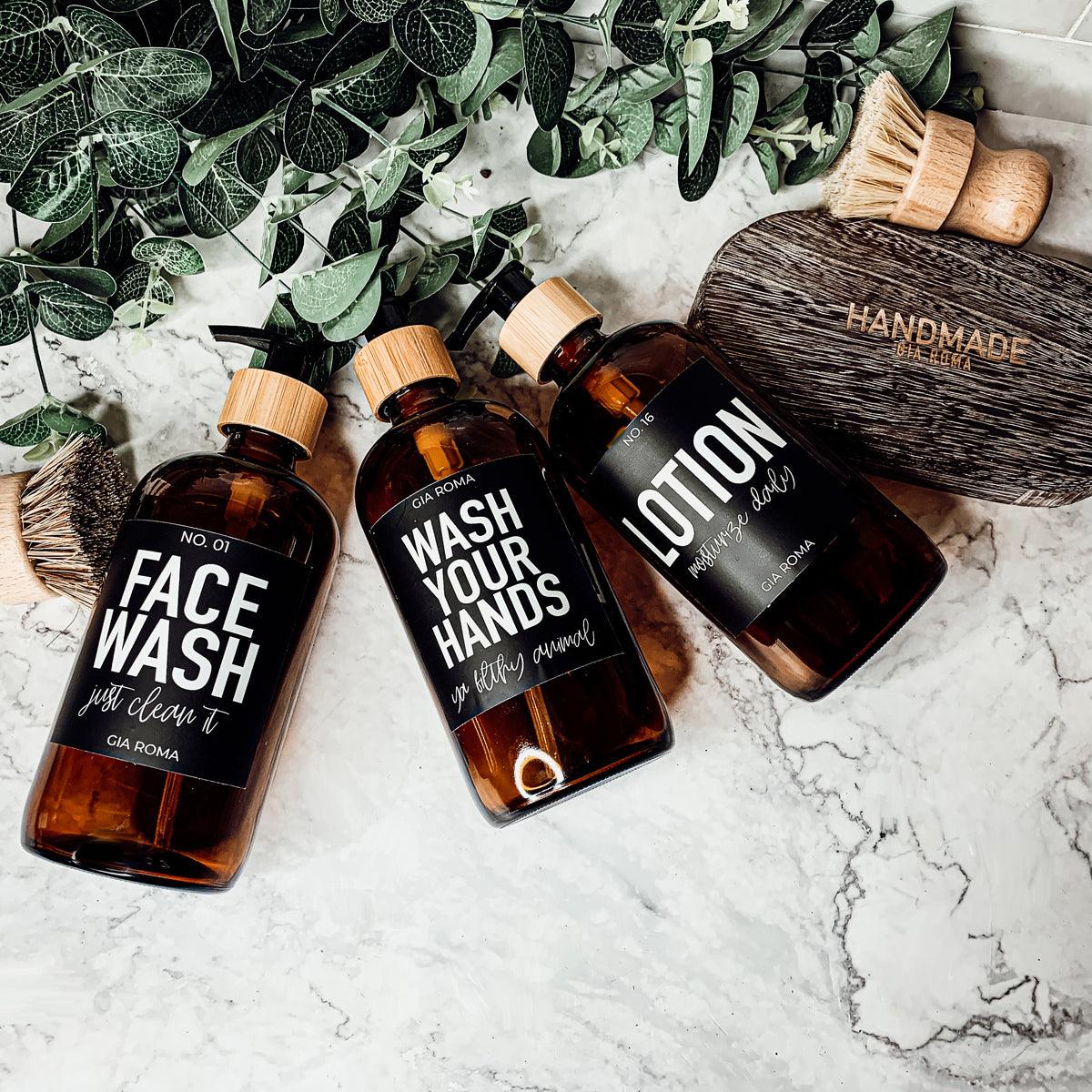 16oz Soap Bottles - Glass Amber|Black Label