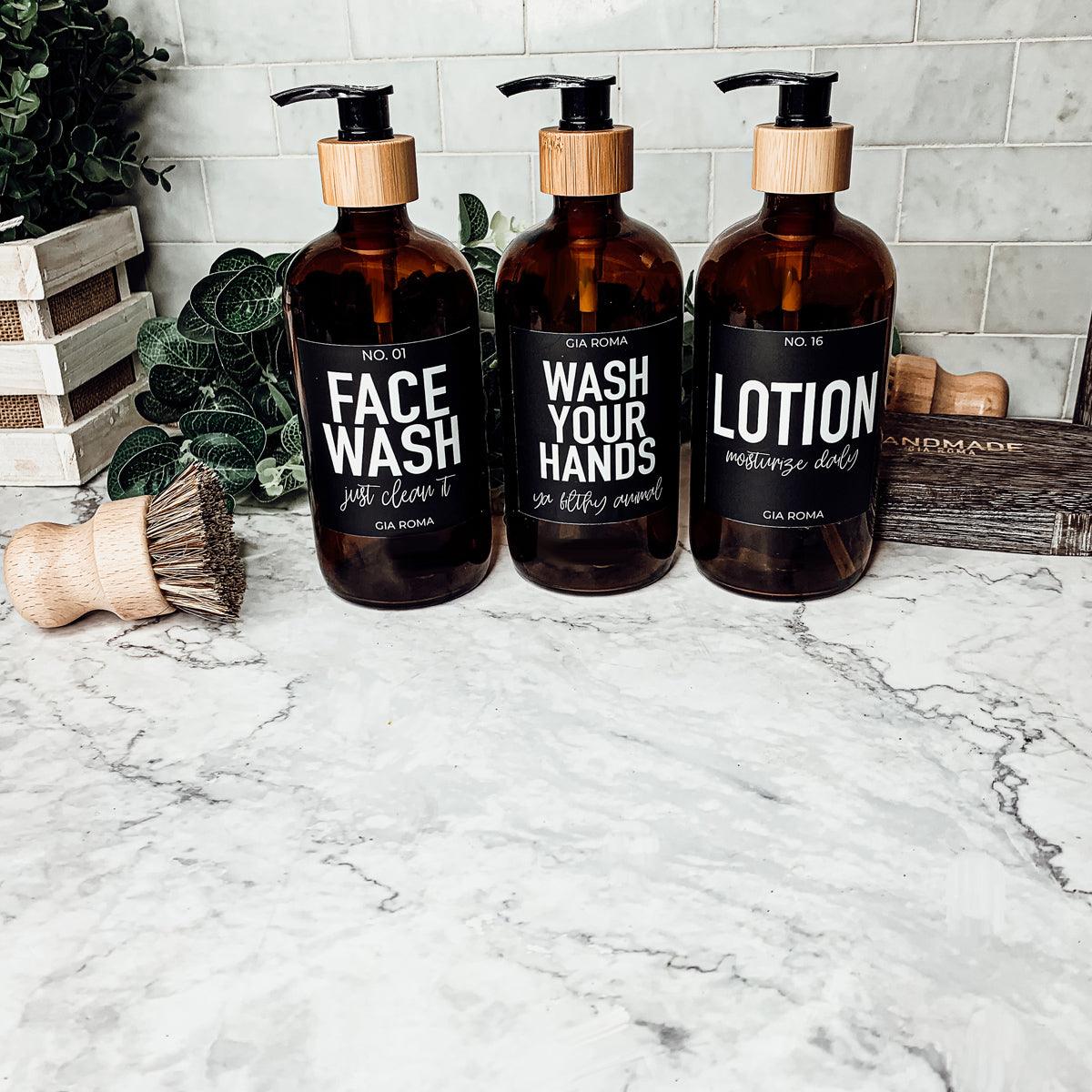 16oz Soap Bottles - Glass Amber|Black Label