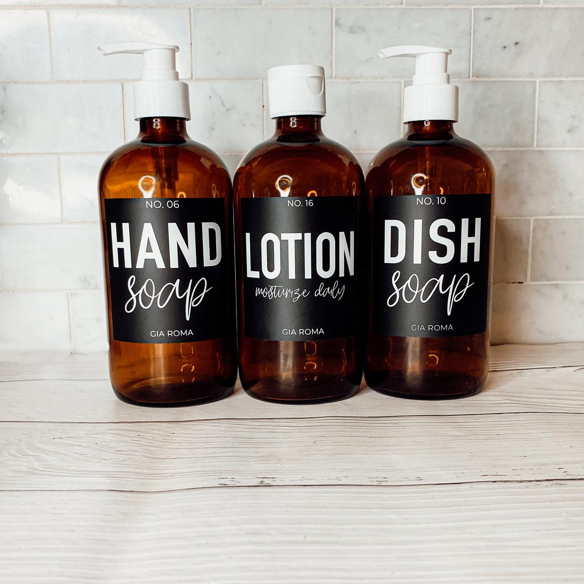 16oz Soap Bottles - Glass Amber|Black Label