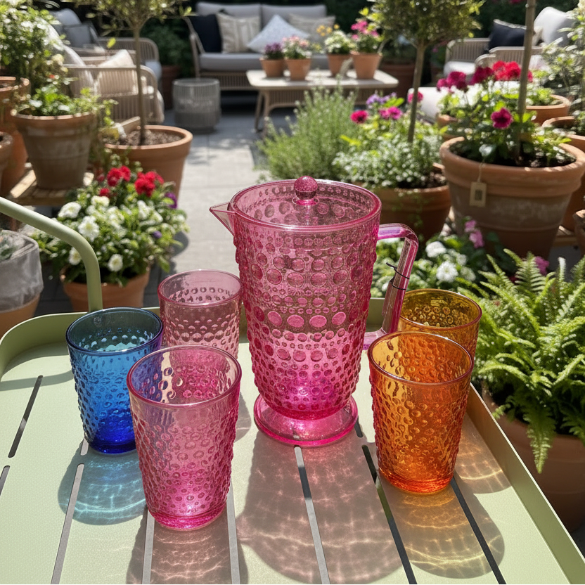 2 Quart Pink Acrylic Footed Pitcher with Lid & Raised Dots