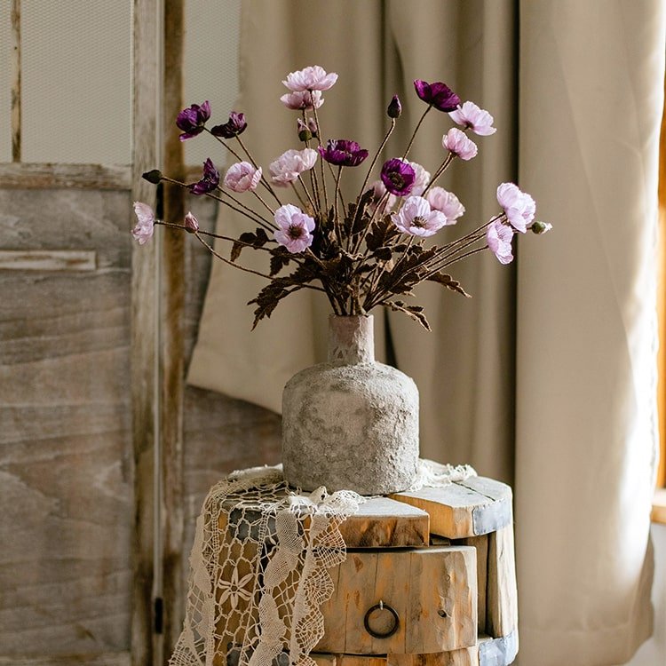 Faux Silk Rustic Poppy Flower Stem in Purple - 23"