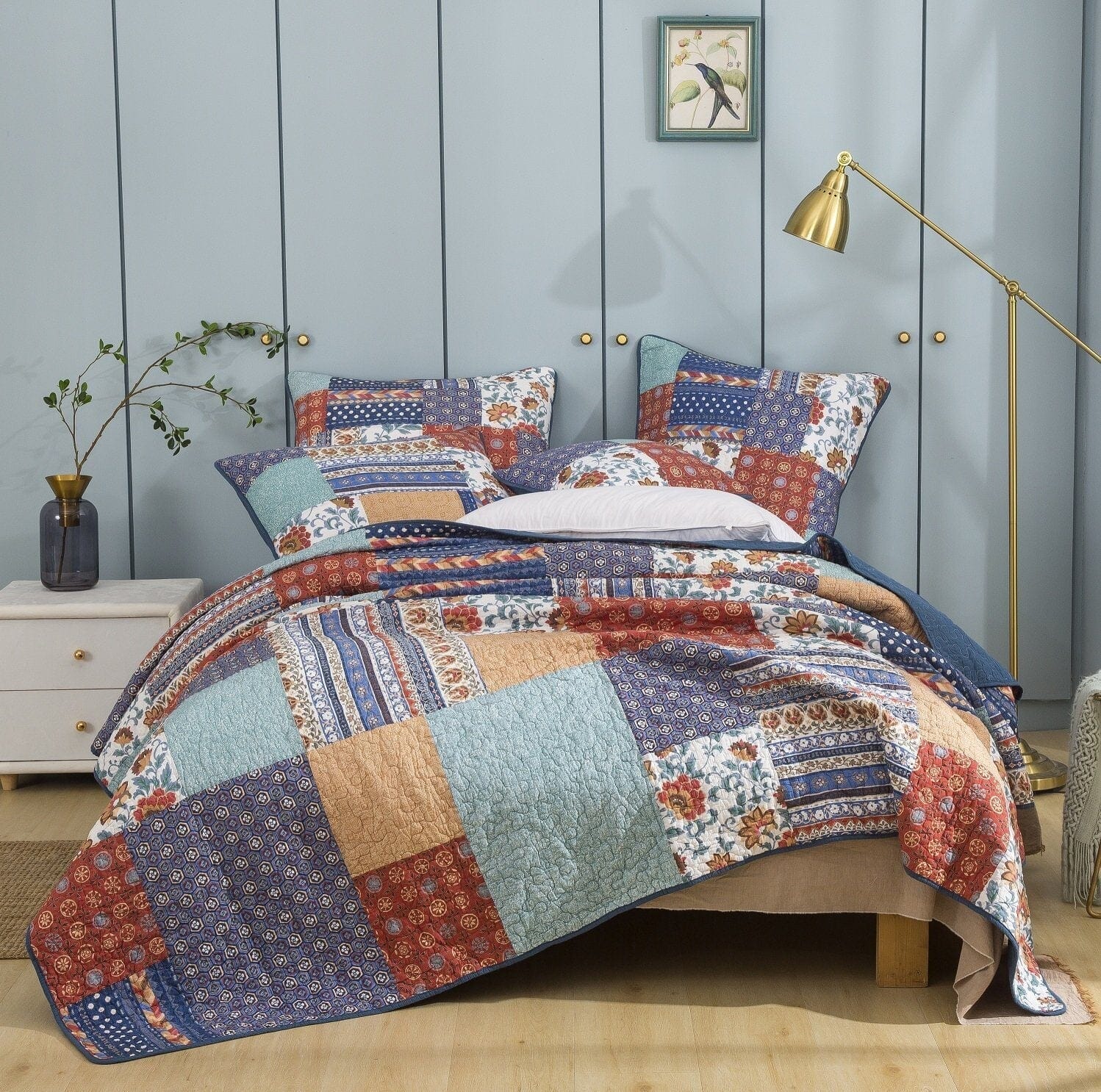 Boho Vibes Mediterranean Blue Patchwork Quilted Bedding