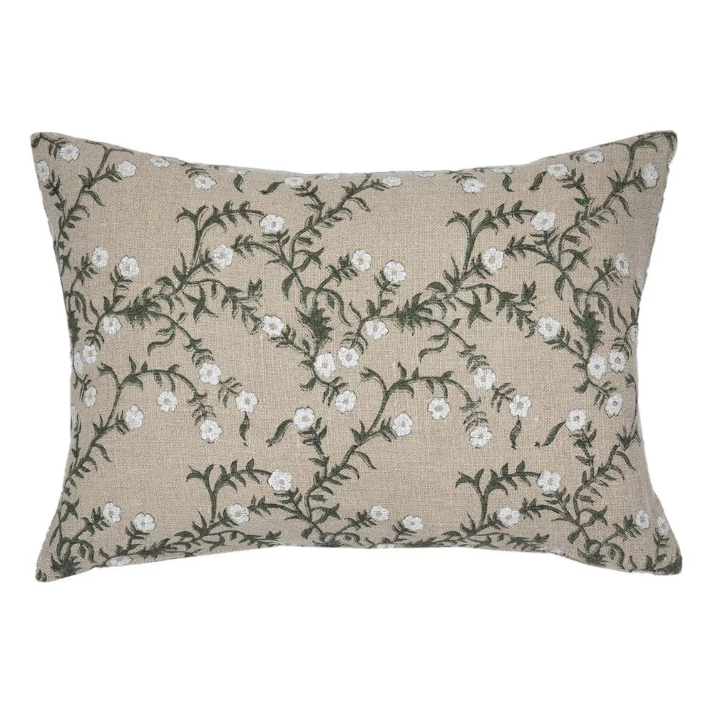 Jameera Linen Floral Throw Pillow Cover - Olive on Natural