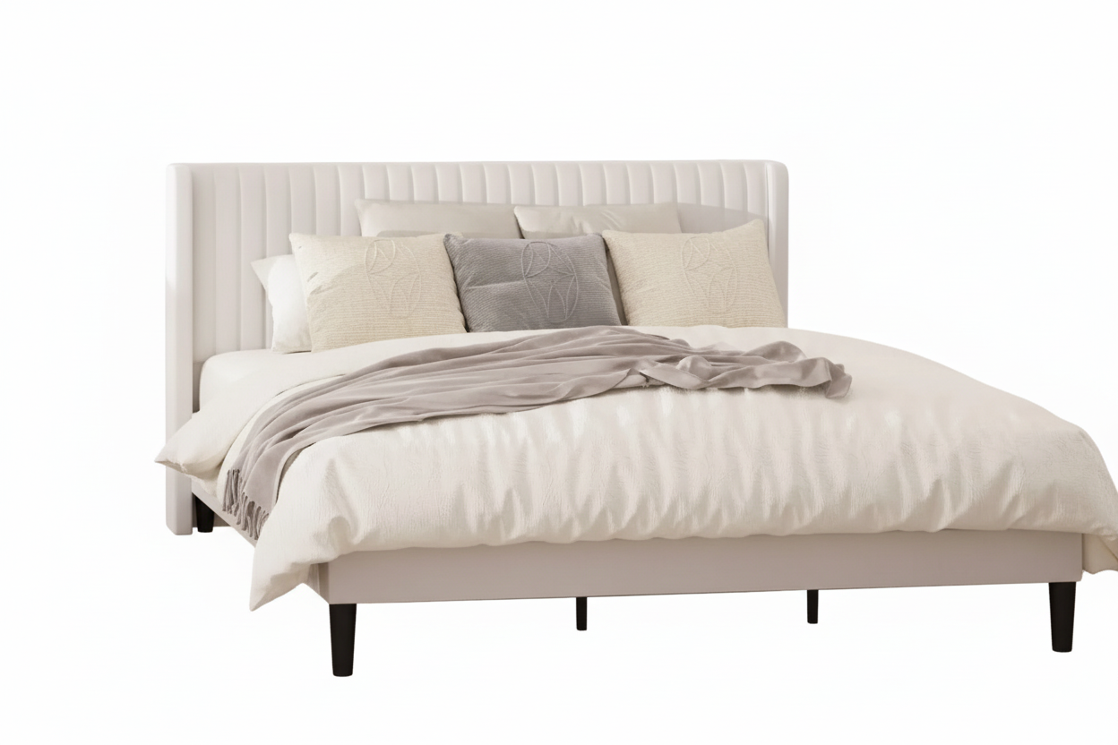 King size White Velvet Upholstered Platform Bed Frame with Wingback Headboard