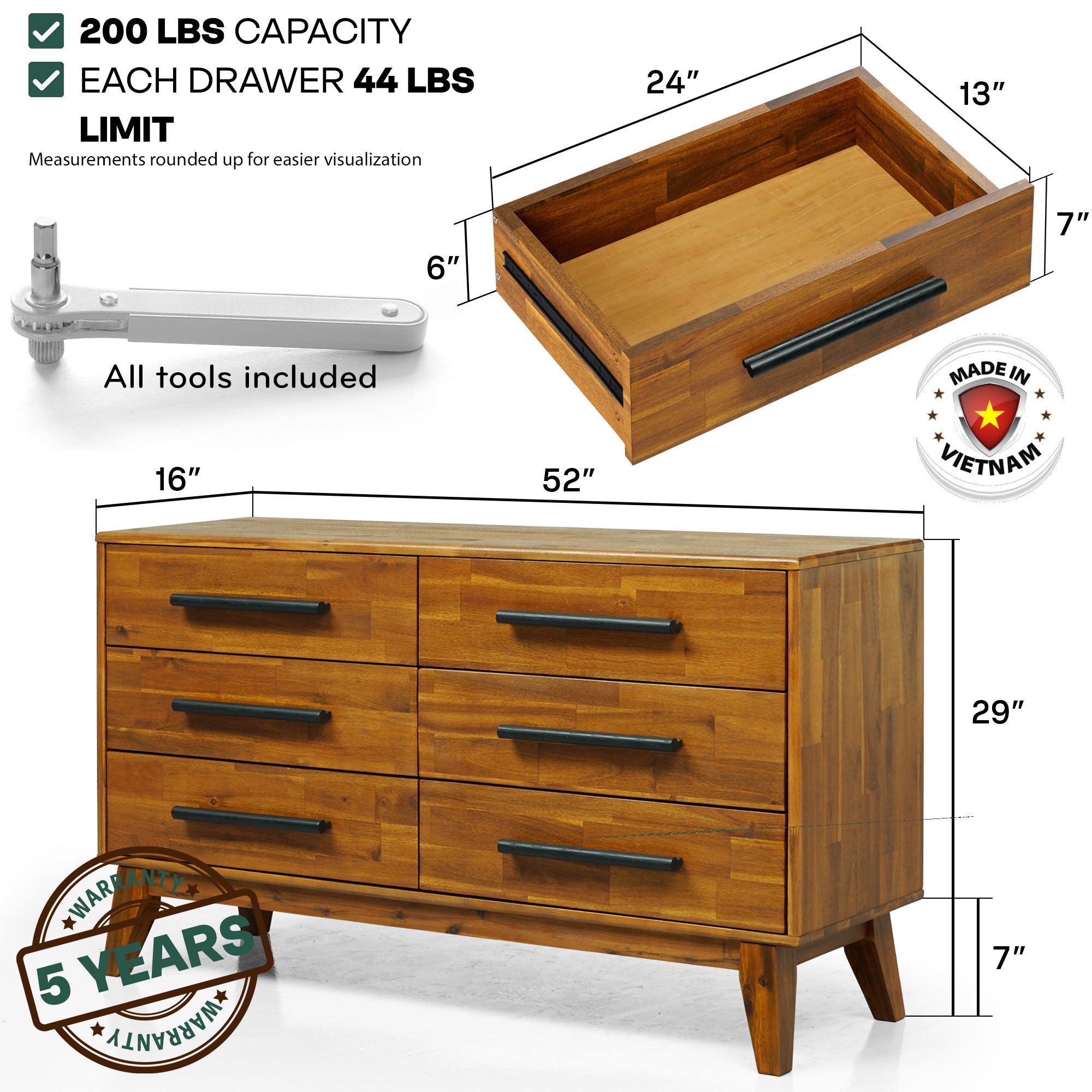 Acacia Legacy Solid Wood Dresser in Caramel or Walnut