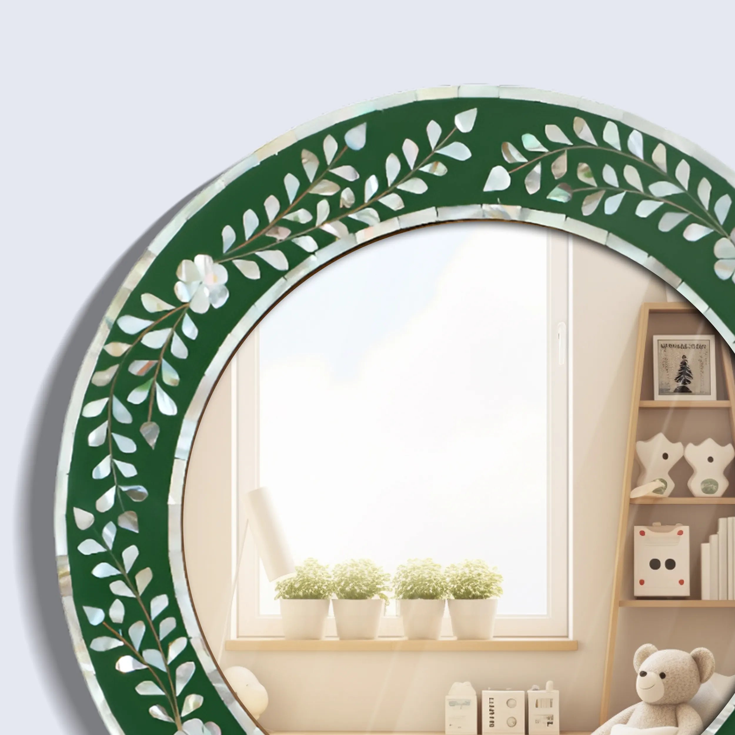 Handcrafted Round Mosaic Mother of Pearl Wall Mirror in Green