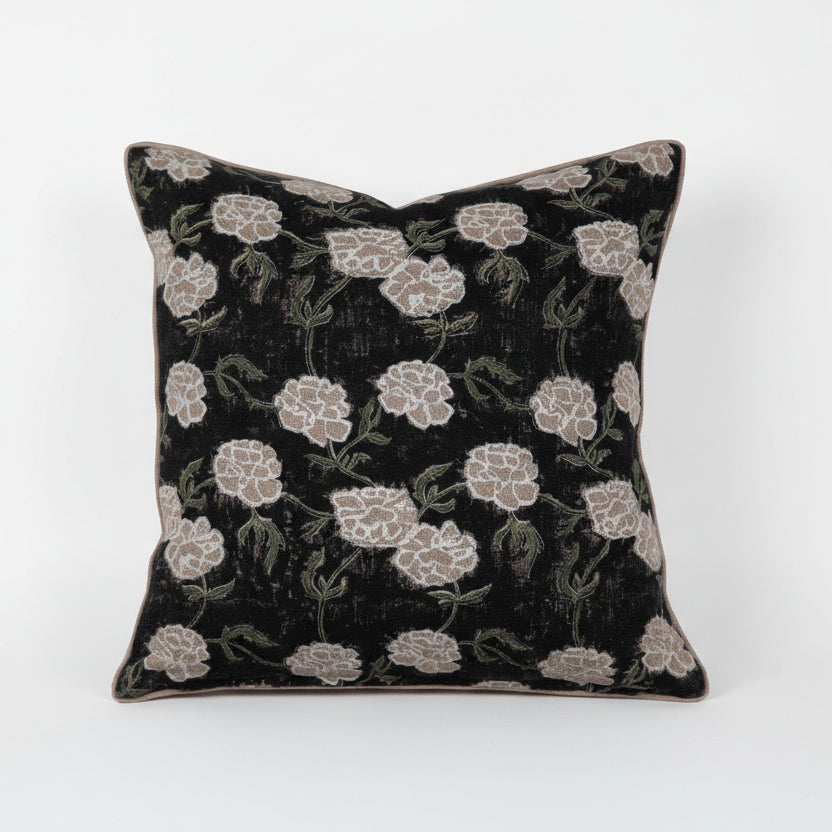 Maria Linen Floral Pillow Cover - Noir