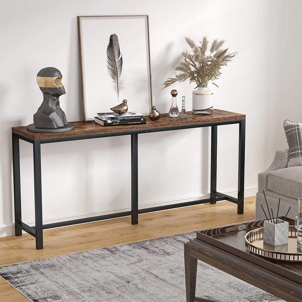 70-inch Space-Saving Console Table with Wood Top and Black Metal Frame