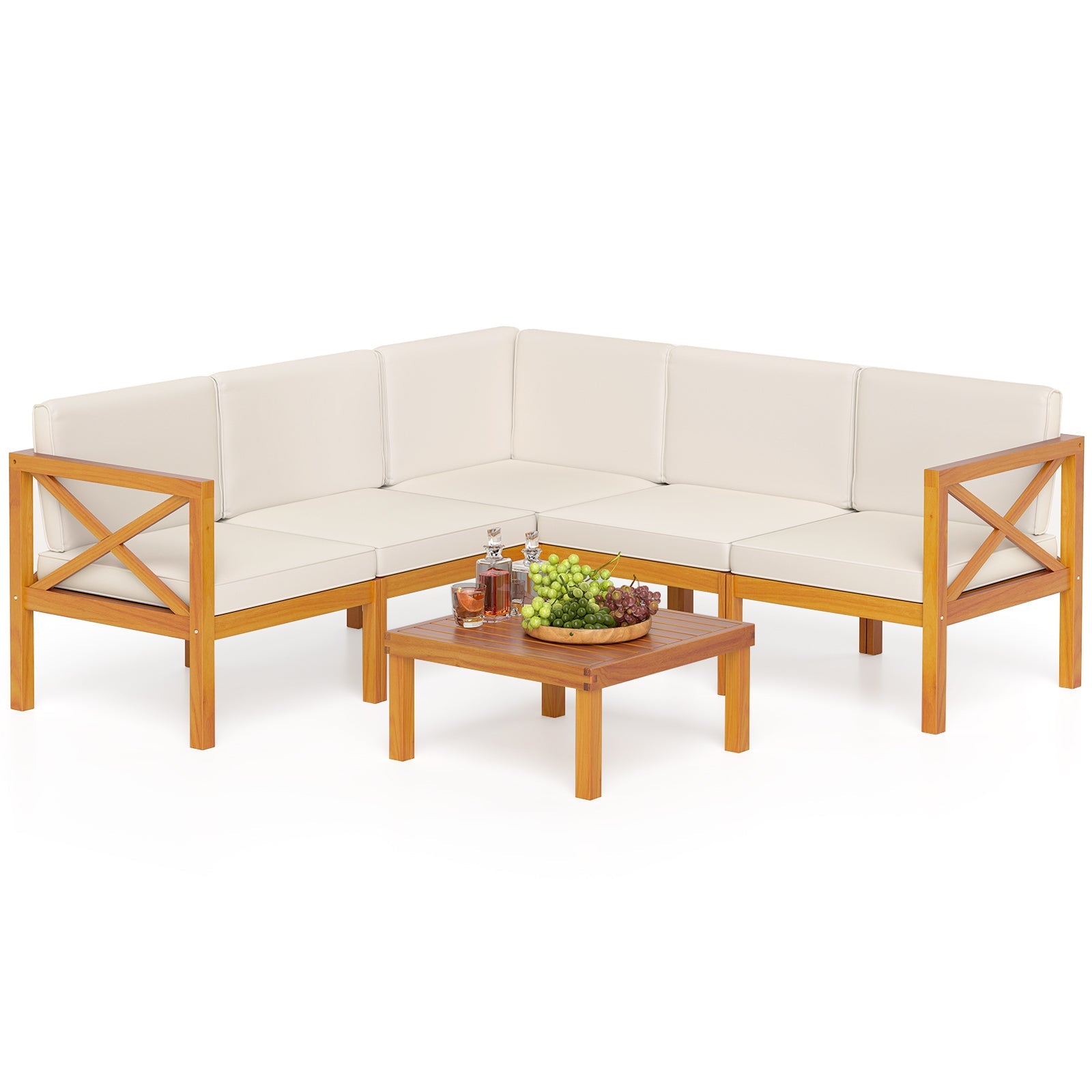Outdoor 6 Piece Acacia Wood Patio Sectional Furniture Set - Off White