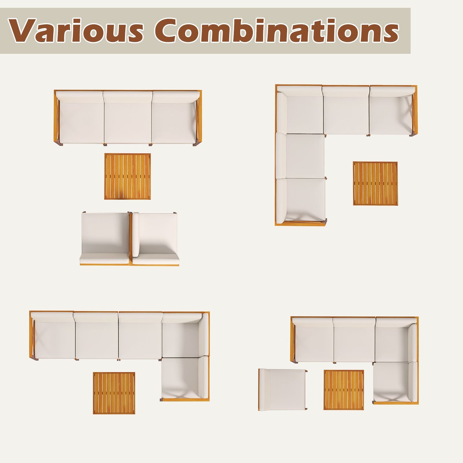 Outdoor 6 Piece Acacia Wood Patio Sectional Furniture Set - Off White