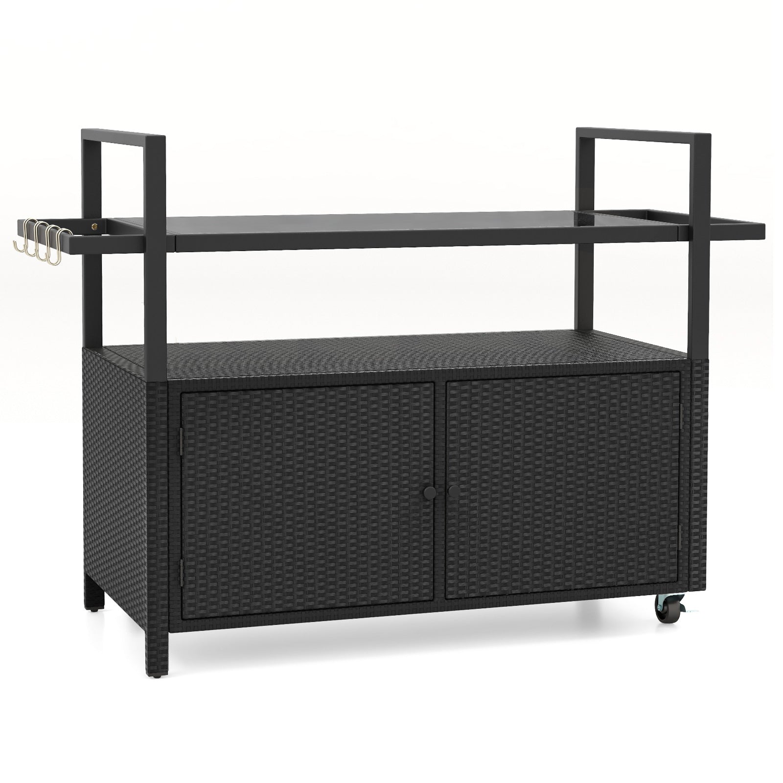 Outdoor Wicker Buffet Serving Cart with Cabinet and 8 Hooks - Black, Gray, or Brown