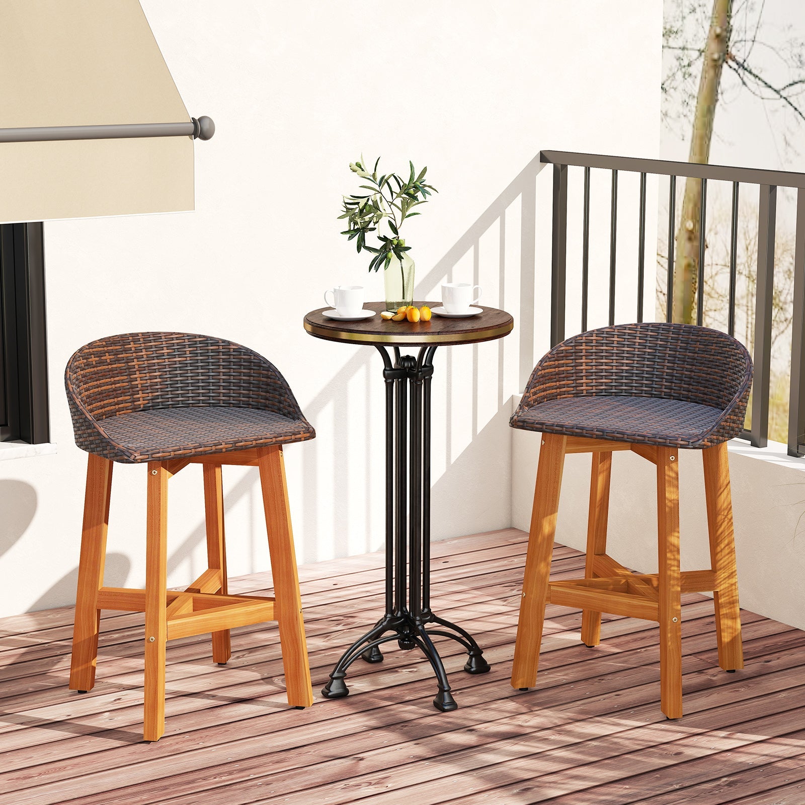 Outdoor Rattan Bar Chairs Set of 2 - Brown or Gray
