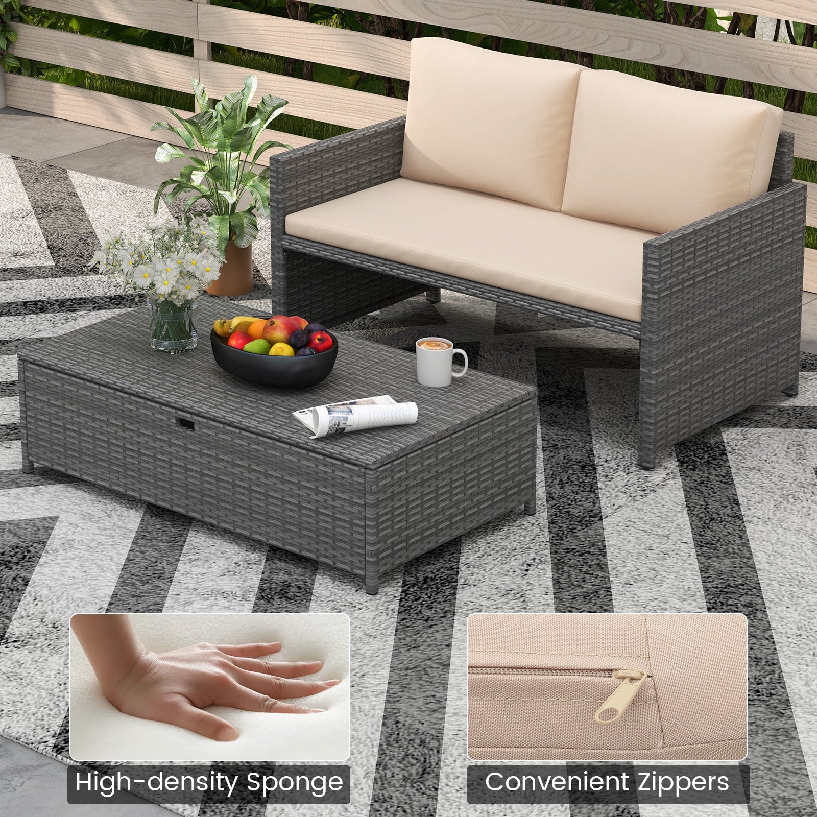 Outdoor Rattan Daybed Loveseat and 31 Gallon Storage Ottoman