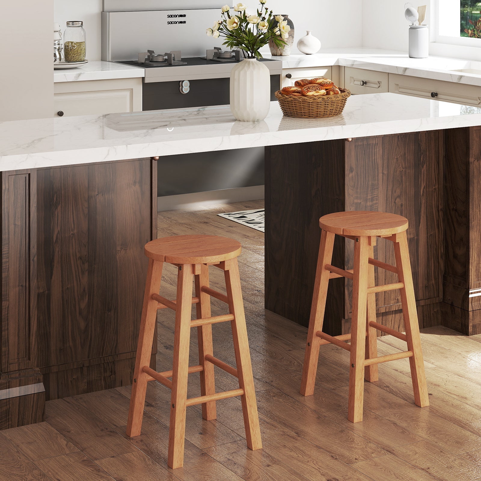 Indoor/Outdoor Wooden Bar Stools w/ Round Seat and Footrest - Set of 2
