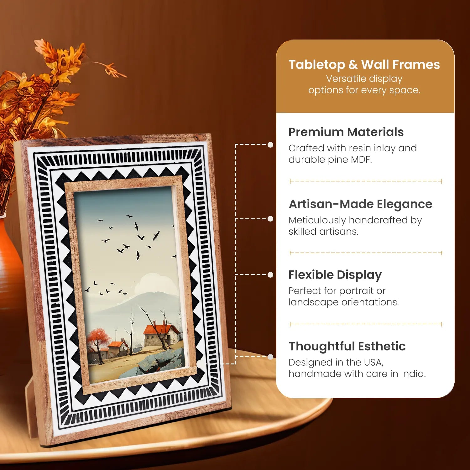 Wood & Resin Inlay Handmade Black & White Geometric Picture Frame