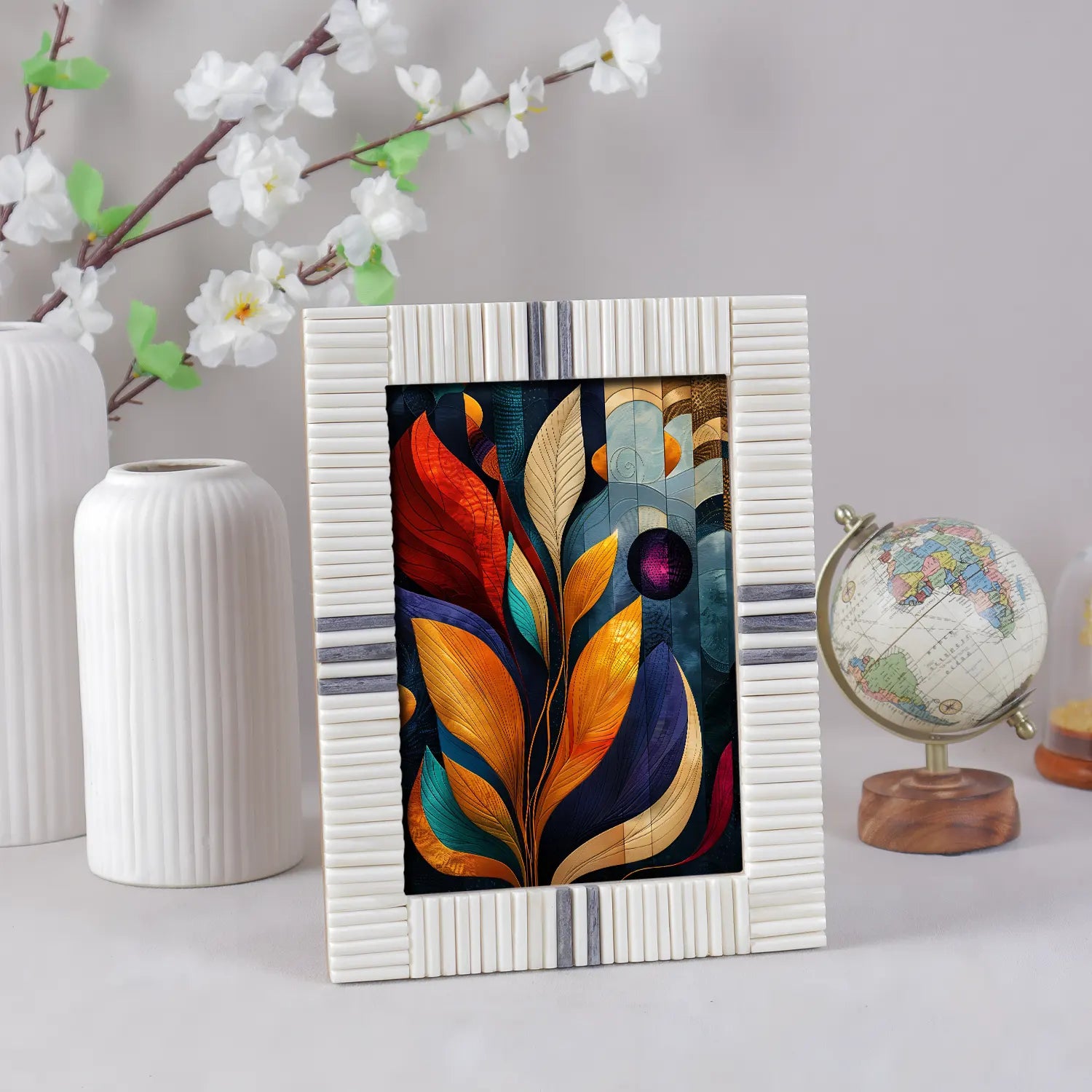 Handmade Bone Inlay Gray and White Frame