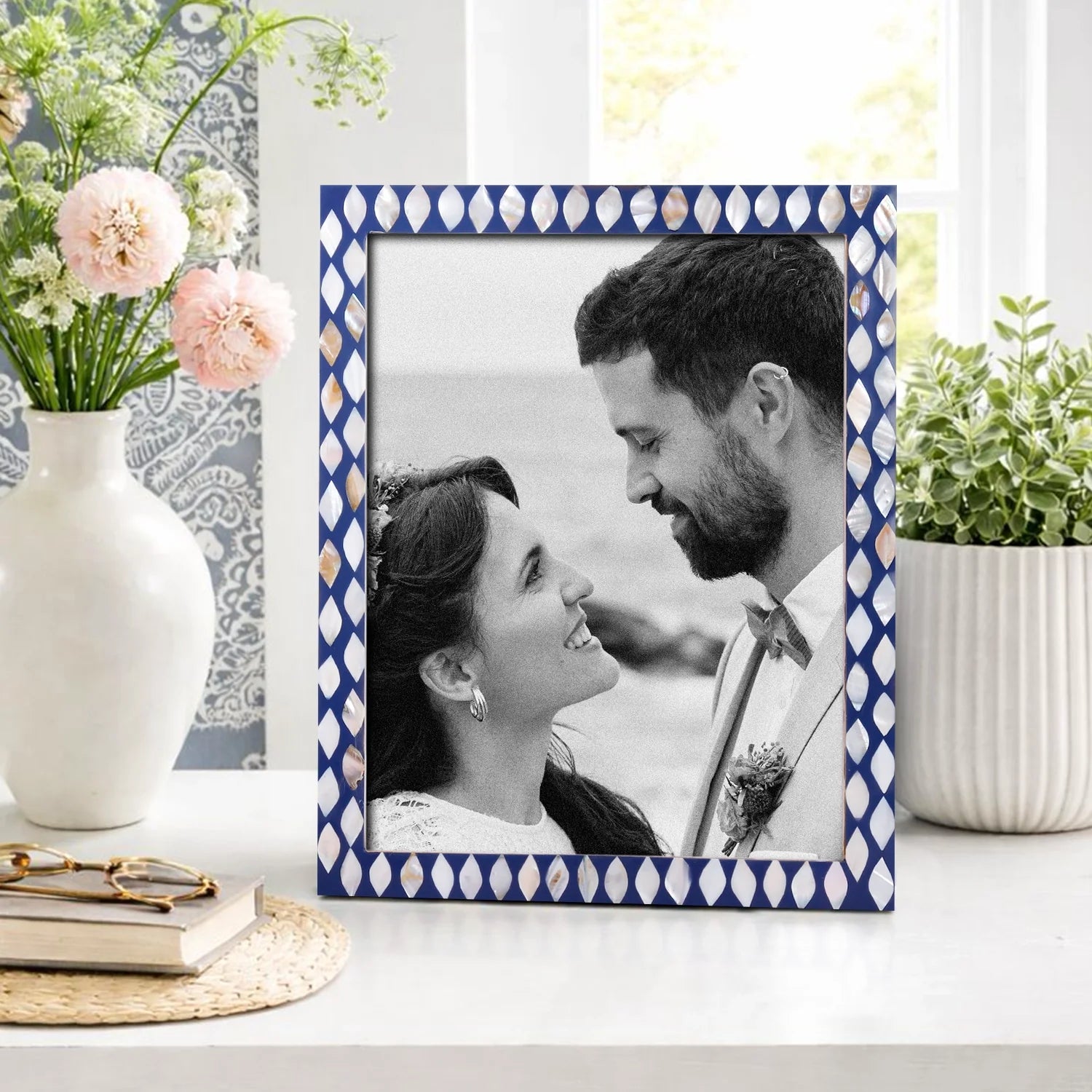 Handcrafted Drops Design Bone Inlay Blue & White Frame - 3 sizes