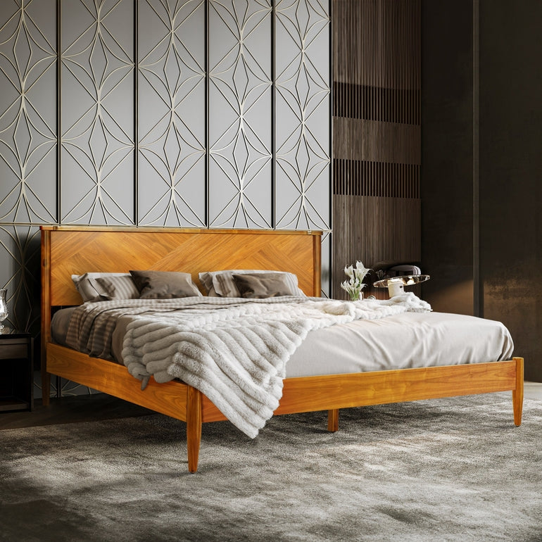 Panthera Acacia Platform Bed Frame With Headboard - Caramel, Walnut