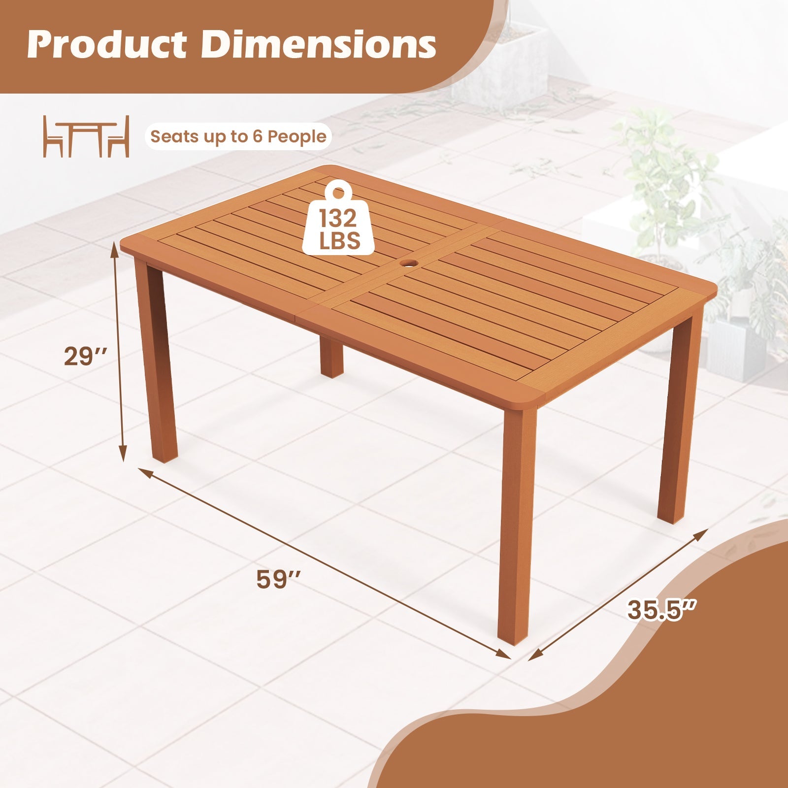 Outdoor Solid Wood Dining Table for 6