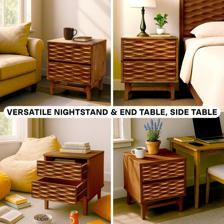 Elara Acacia Nightstand with 2 Drawers - Walnut, Caramel, Oak
