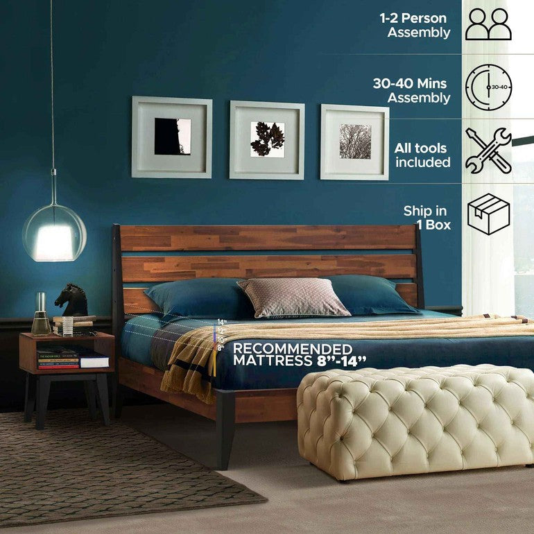 Emery Bed Frame & Nightstand Set - Acacia Solid Wood in Walnut, or Americano