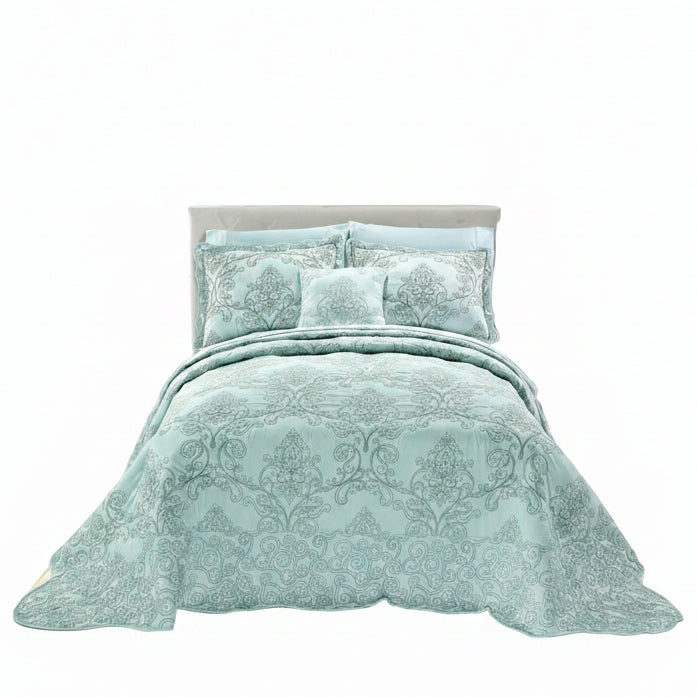 Light Blue Damask Embroidered 4 Piece Oversized Bedspread Set - Queen