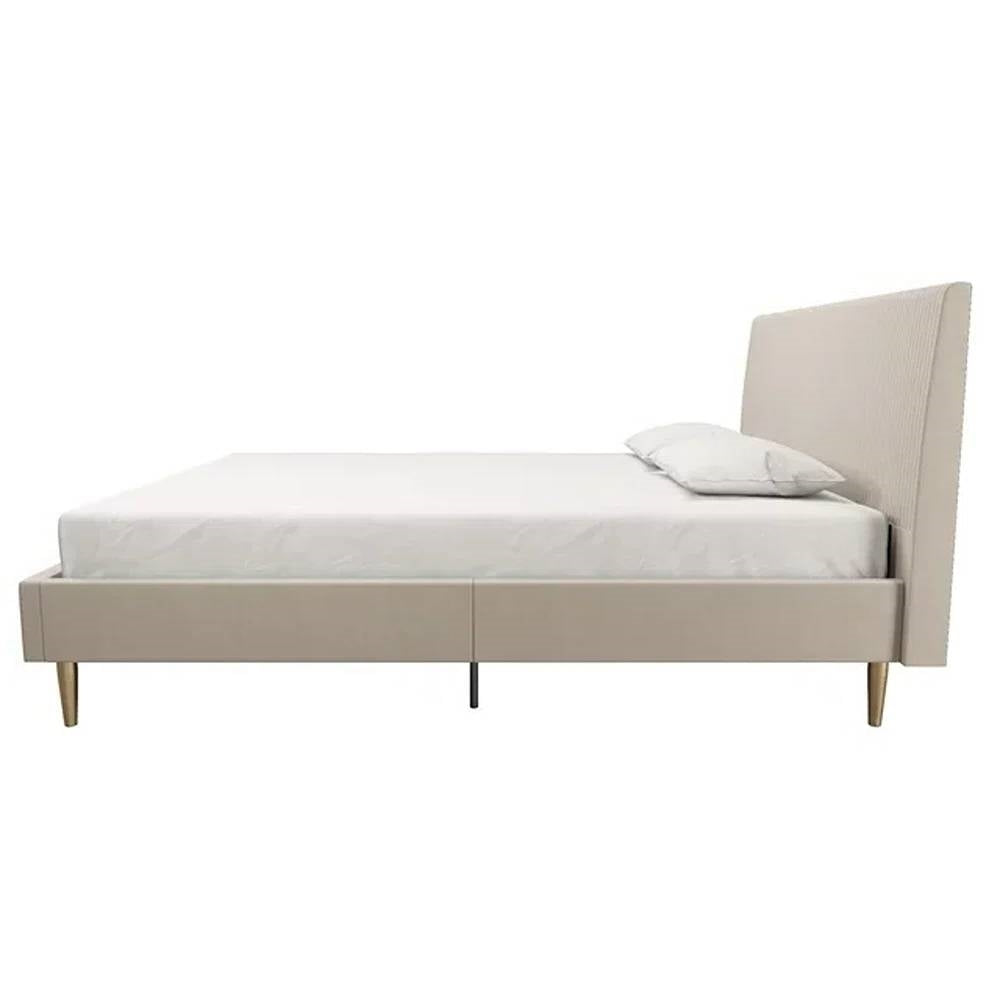 Queen Mid-Century Ivory Cream Velvet Upholstered Platform Bed with Headboard