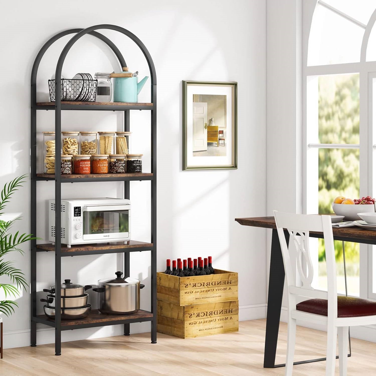 Modern Industrial Curved Bookcase with Wooden Shelves