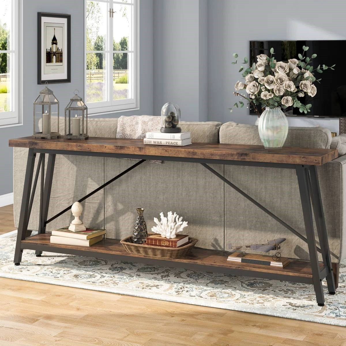 Sturdy 70-inch Industrial Barn Wood Console Table with Black Metal Frame