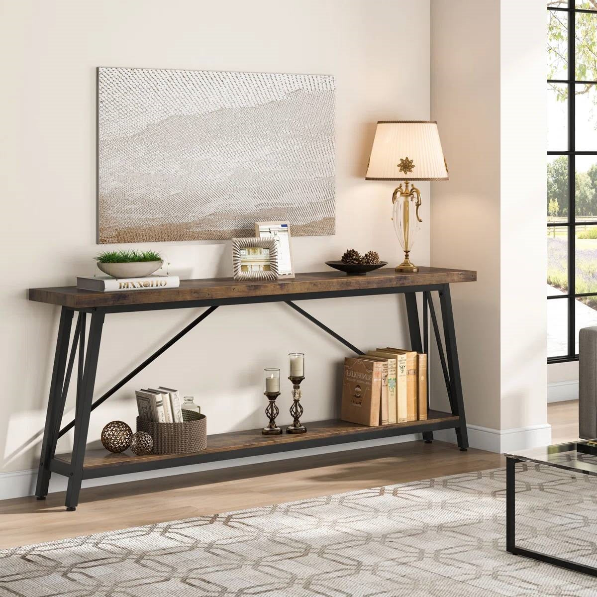 Sturdy 70-inch Industrial Barn Wood Console Table with Black Metal Frame