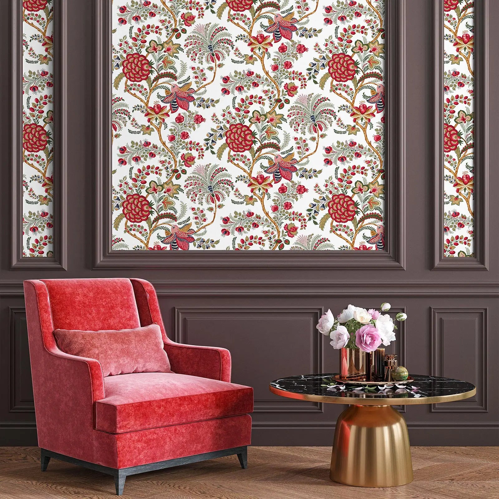 Vintage Floral Peel & Stick Wallpaper in Red