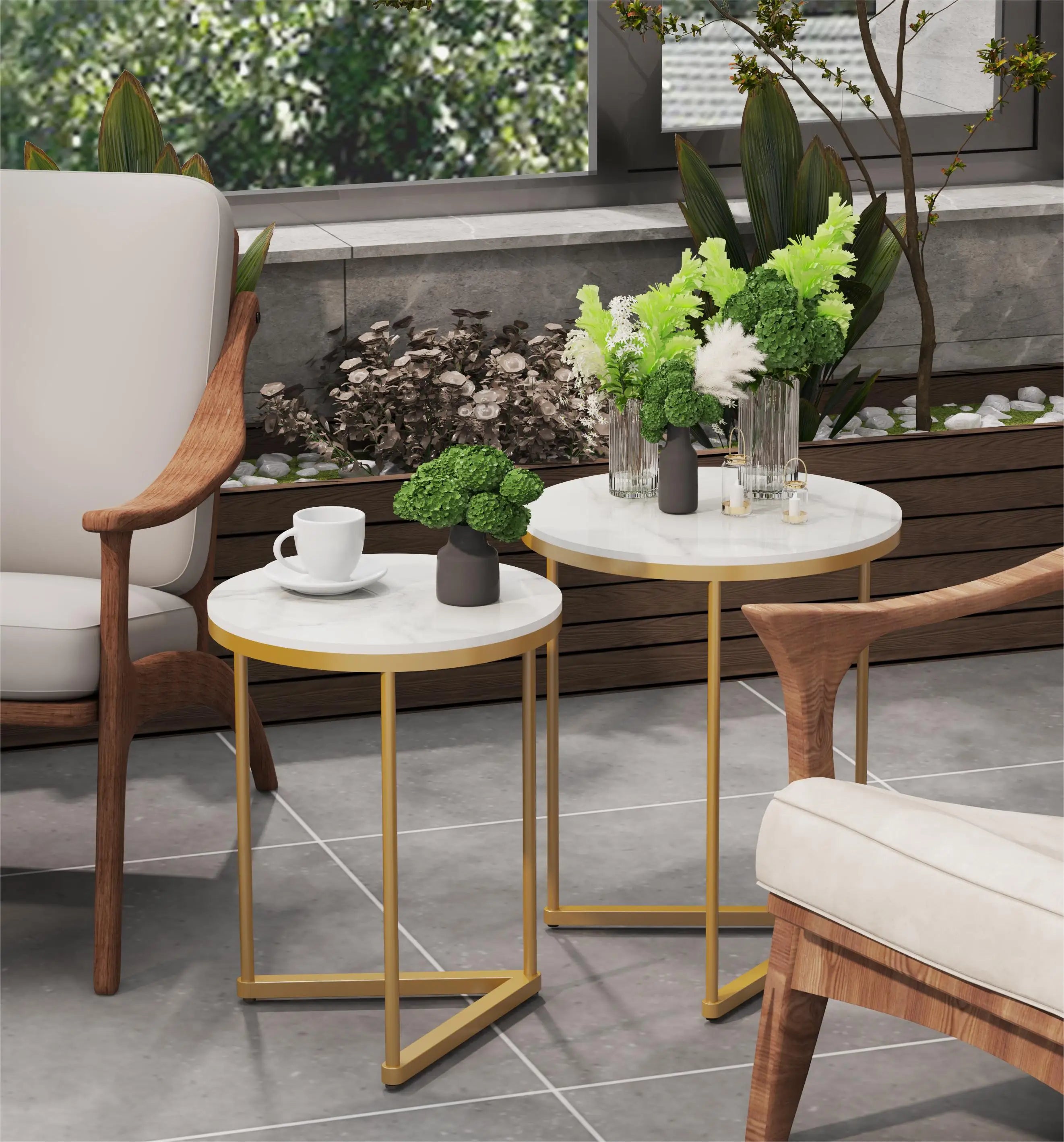 Set of 2 Round Nesting Tables - Gold & Marble