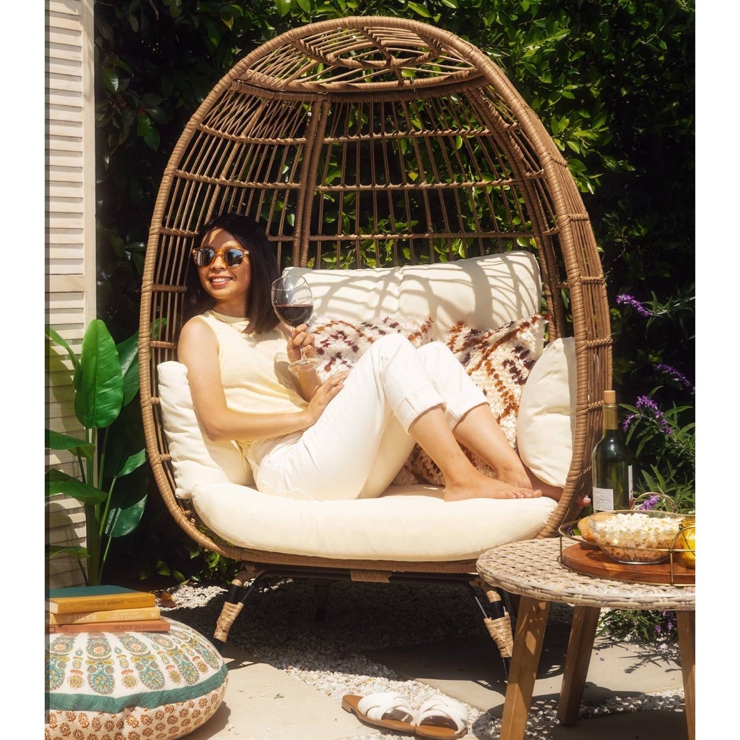Oversized Patio Lounger Indoor/Outdoor Wicker Egg Chair - Off White