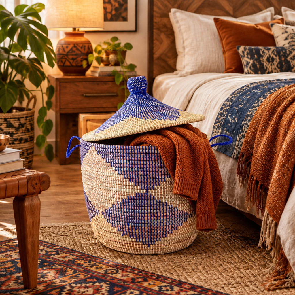 Low Storage Basket - Blue + Natural Chevron