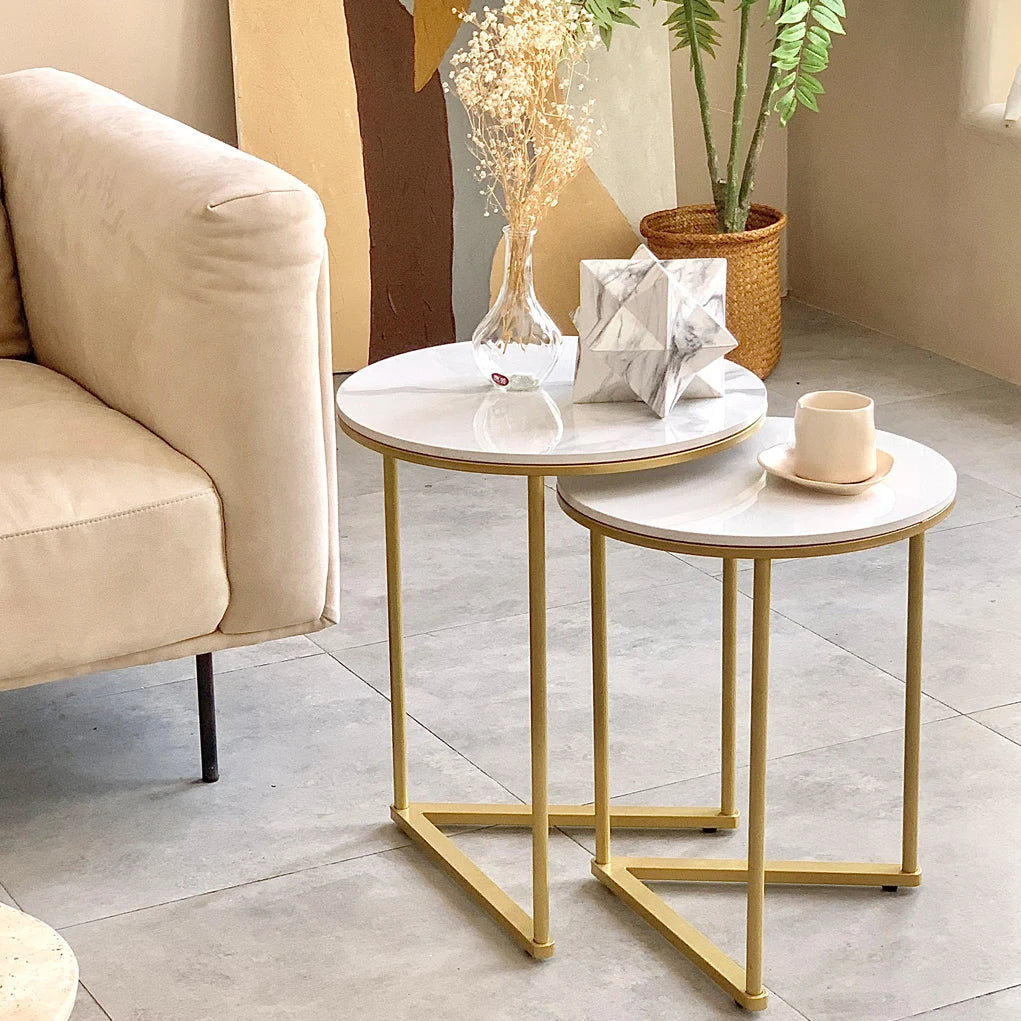 Set of 2 Round Nesting Tables - Gold & Marble