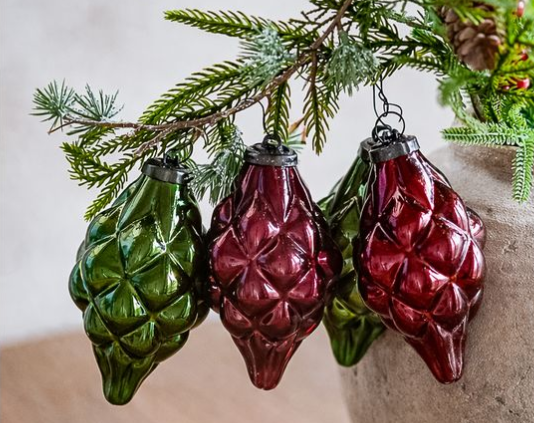 Set of 4 Green and Red Glass Ornaments