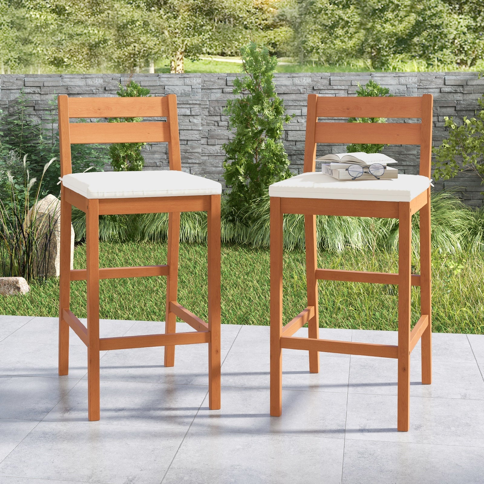 Set of 2 Outdoor Wooden Barstools with Soft Seat Cushion - Off White