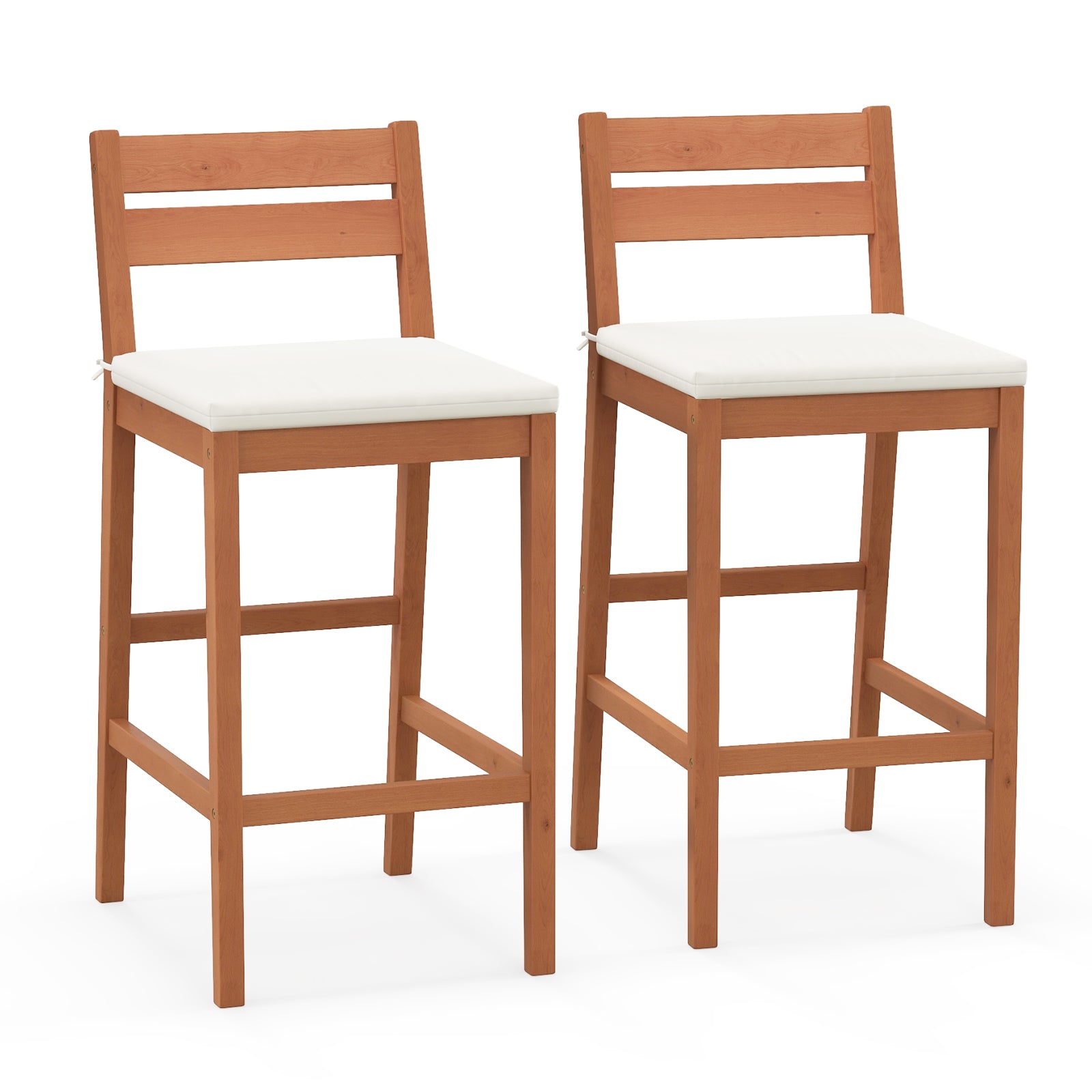 Set of 2 Outdoor Wooden Barstools with Soft Seat Cushion - Off White