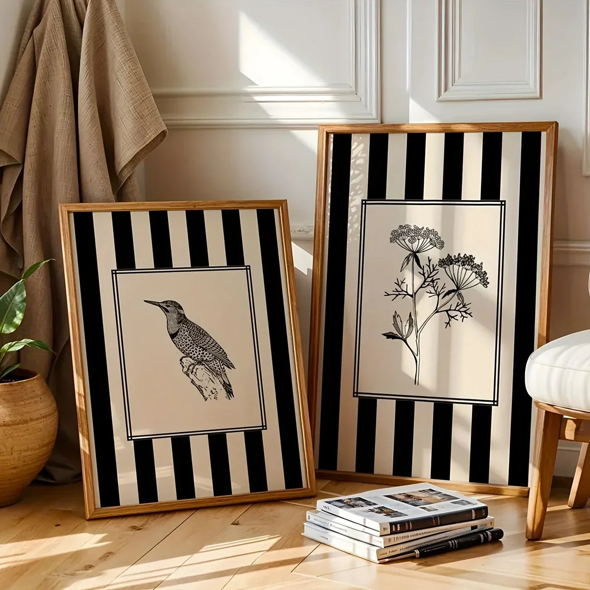Black Bird & Floral Wall Art Set - (Frameless)