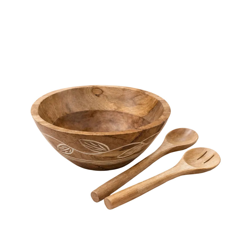 Carved Pattern Mango Wood Salad Bowl/Servers - 3 Pc Set