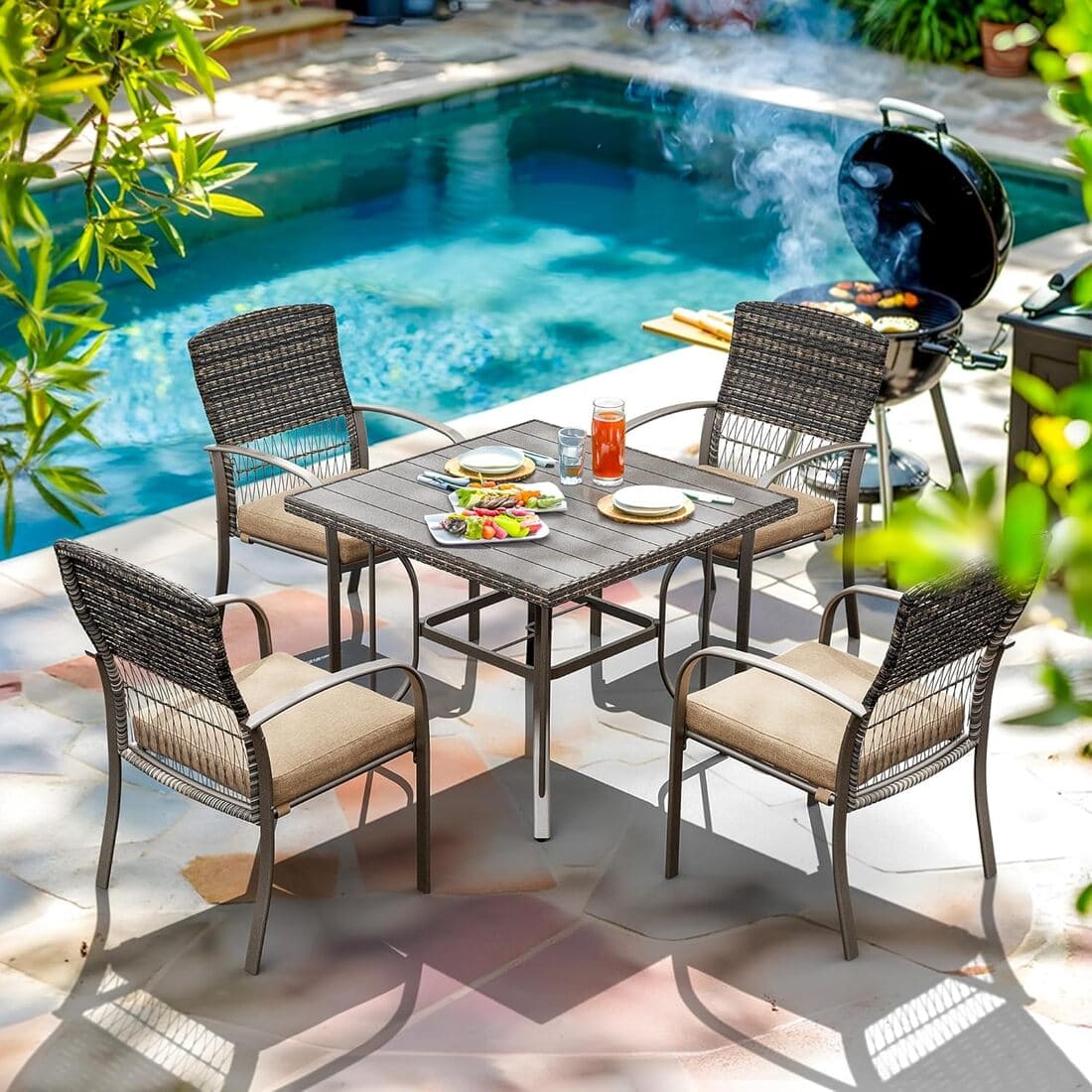 Outdoor Dining Set for 4 with Iron Frame & Rattan Backrest - 4 Colors