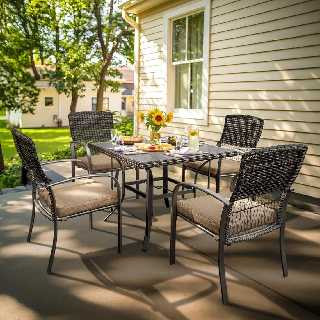 Outdoor Dining Set for 4 with Iron Frame & Rattan Backrest - 4 Colors