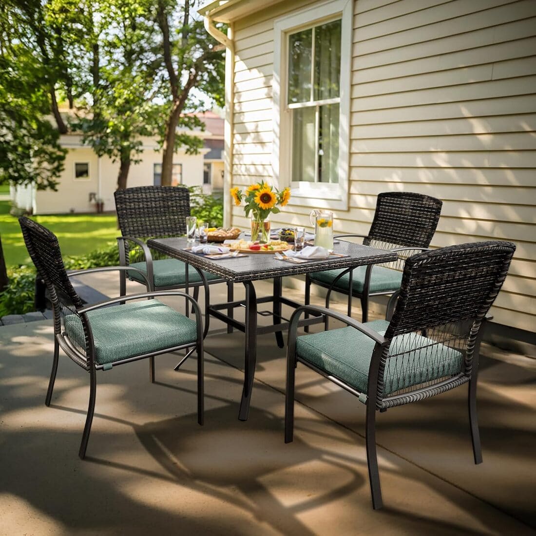 Outdoor Dining Set for 4 with Iron Frame & Rattan Backrest - 4 Colors