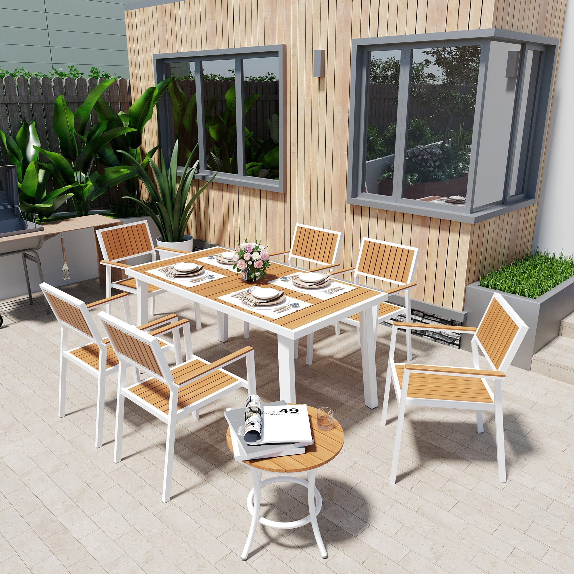 Aluminum and Wood Outdoor Dining Set - 4 Colors, 6-Pc or 8-Pc Set