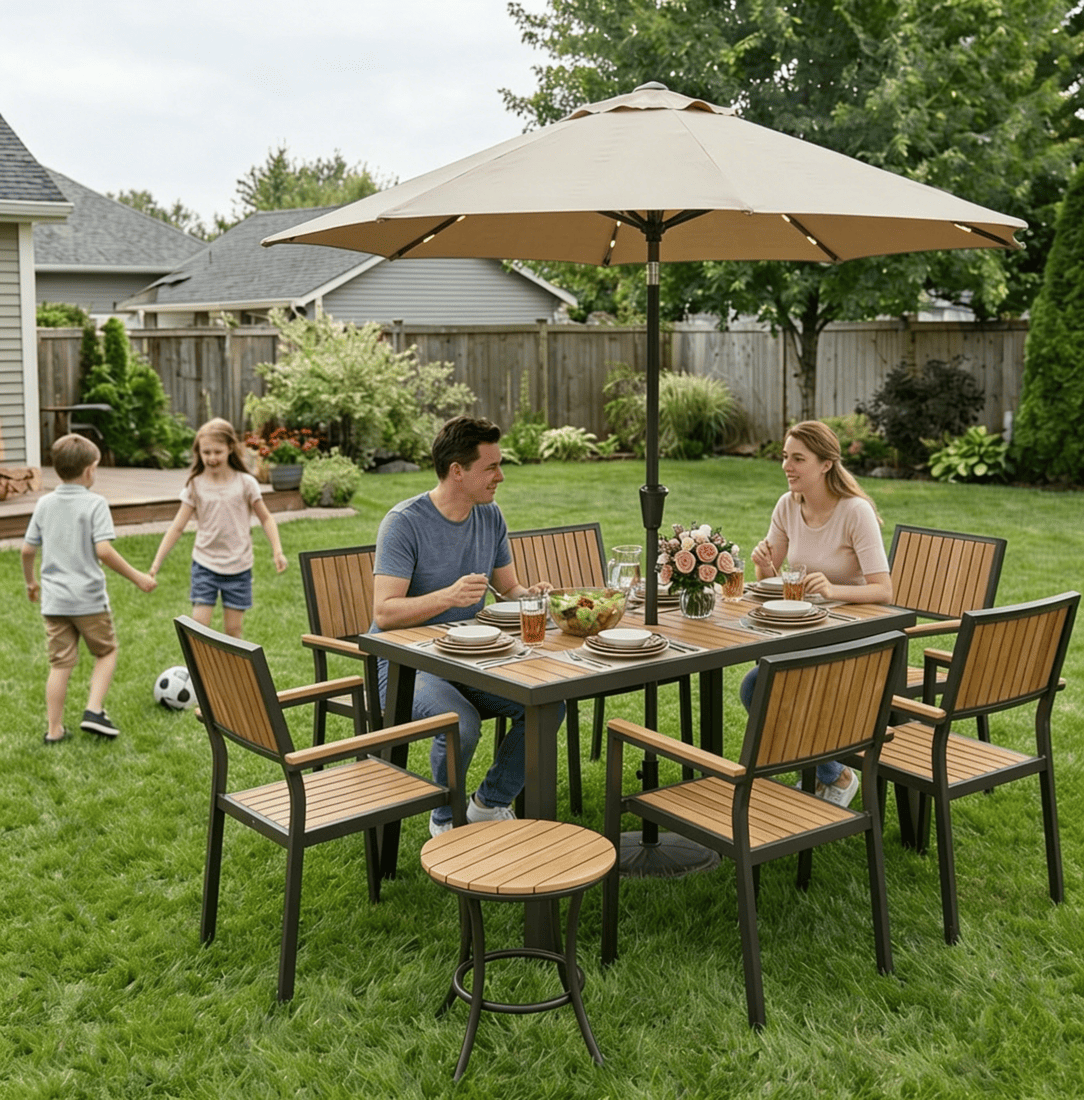 Aluminum and Wood Outdoor Dining Set - 4 Colors, 6-Pc or 8-Pc Set