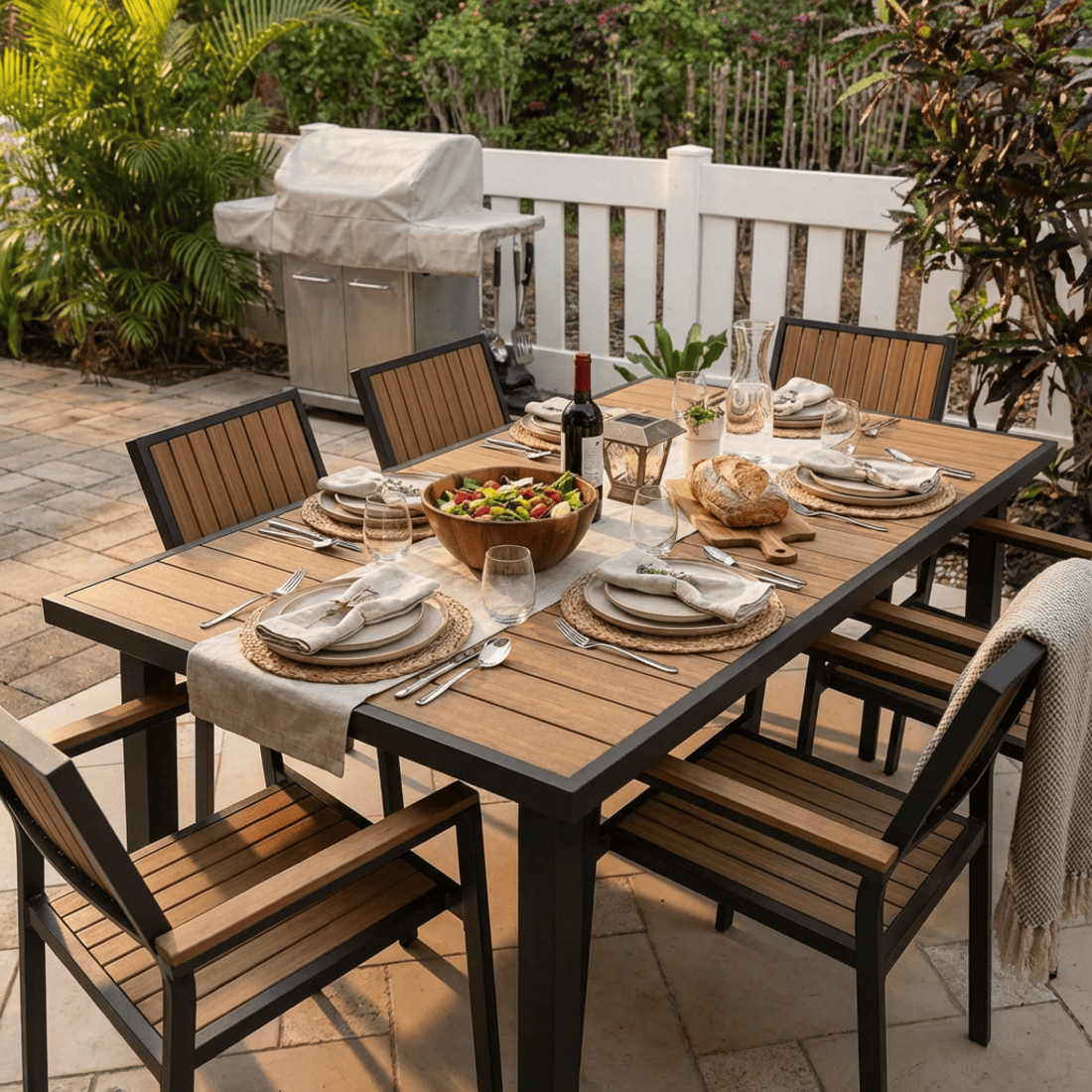 Aluminum and Wood Outdoor Dining Set - 4 Colors, 6-Pc or 8-Pc Set