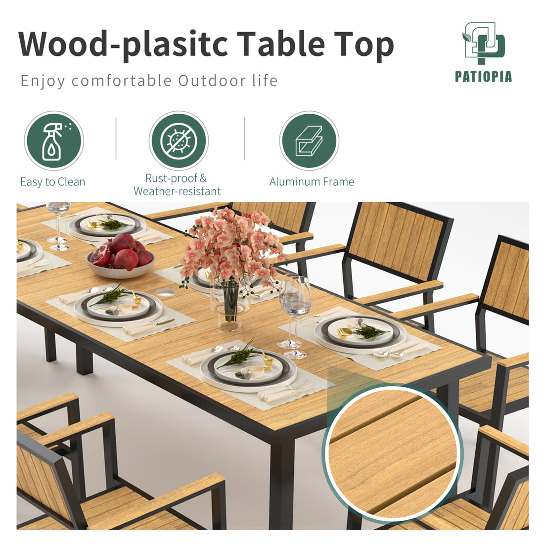 Aluminum and Wood Outdoor Dining Set - 4 Colors, 6-Pc or 8-Pc Set